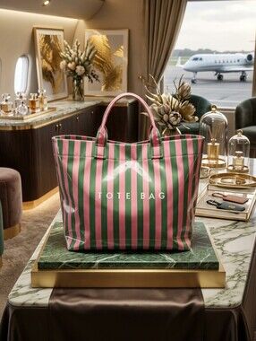 Striped Pink & Green Upscaled Fashion Tote Bag with Glossy Finish Brand New!
